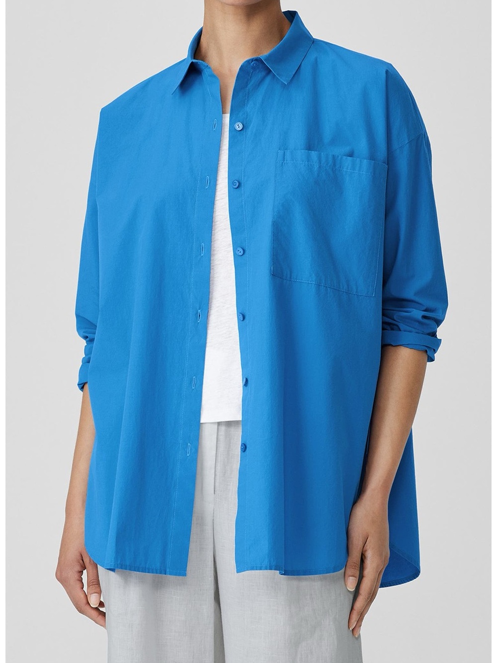 Eileen Fisher Classic Collar Organic Cotton Button-Up Shirt, blue color, large